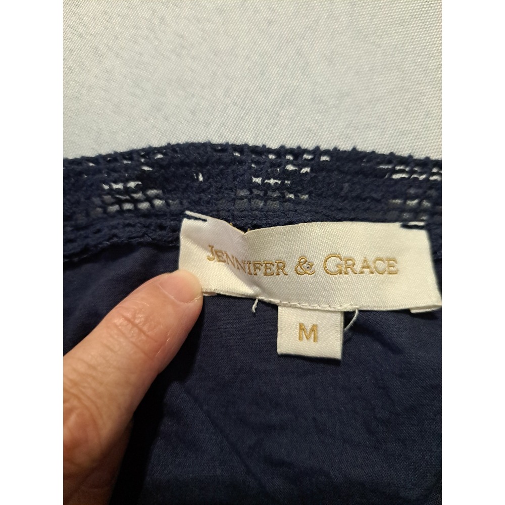 Jennifer & Grace Navy Blue Embroidered Lace Cotton Blouse Square Neck Medium - Picture 3 of 8